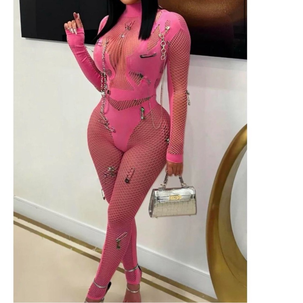 Pink Fishnet Bodysuit with Chain Details
